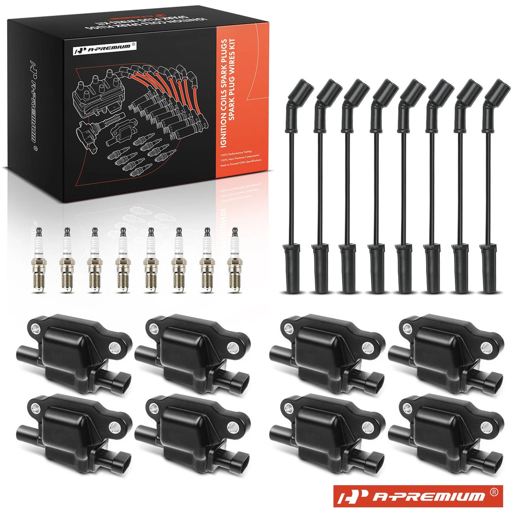 Set of 8 Ignition Coils, Iridium Spark Plugs & Wires for GMC Cadillac