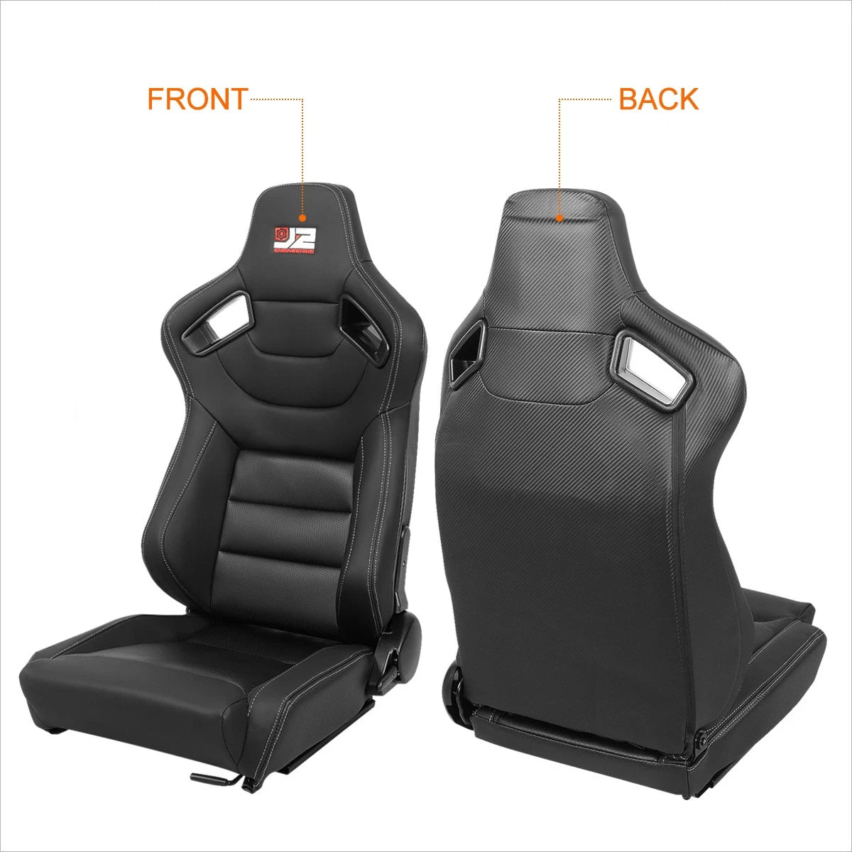 Pair of Reclinable Racing Bucket Seats for J2 Engineering (38" H x 21" W x 23" D)