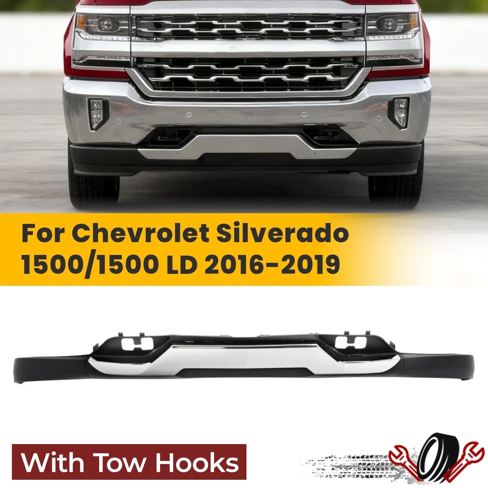 Front Bumper Valance & Chrome Skid Plate for Chevy Silverado 1500 (2016–2019)