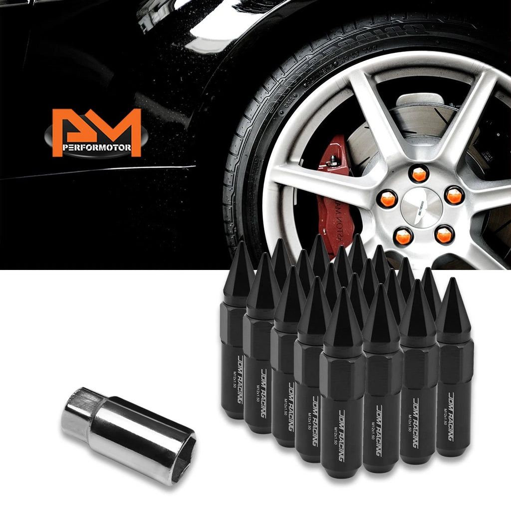 Set of 20 M12X1.5 Black JDM Hex Spiked Cap Wheel Lug Nuts + 20mm Extension