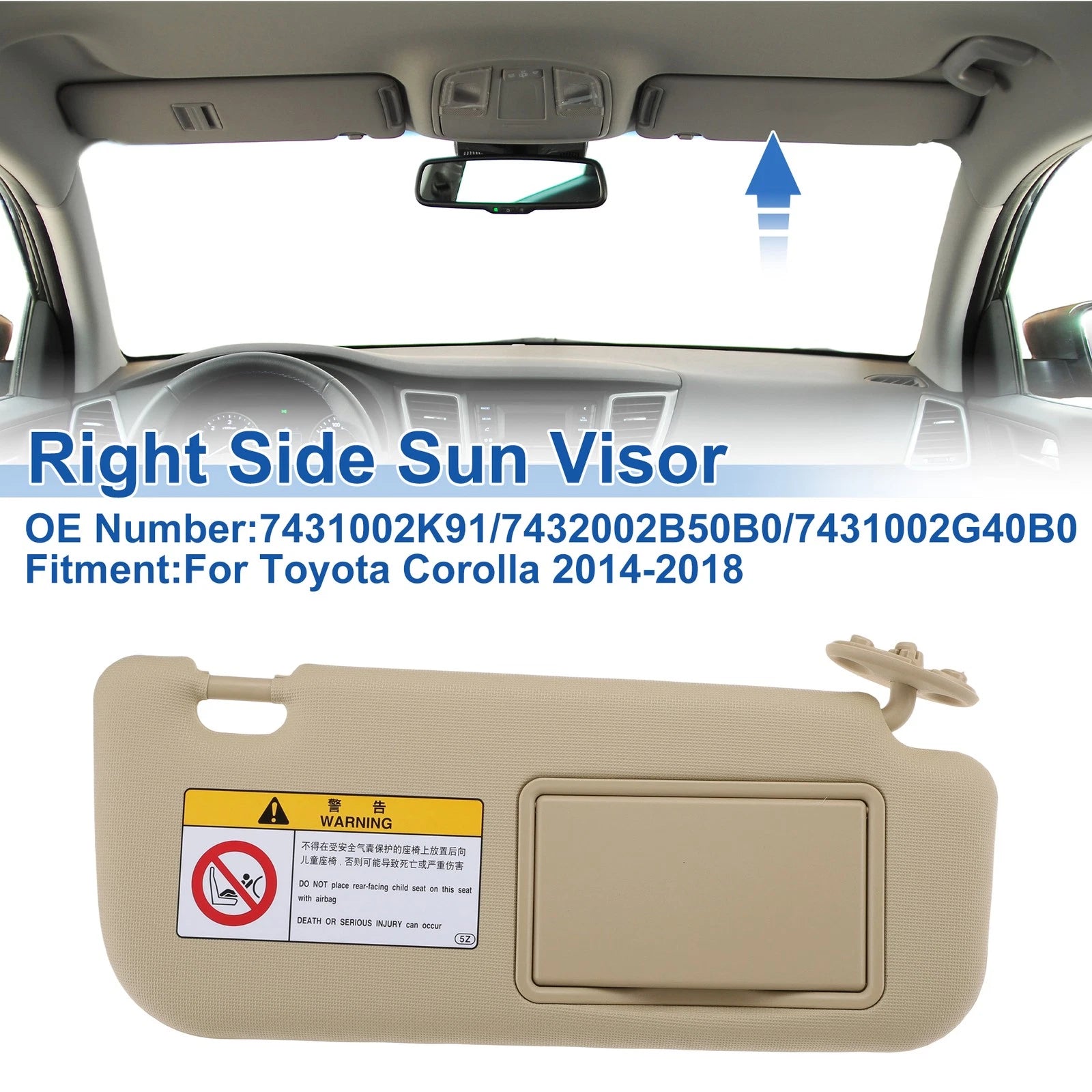 Right Side Sun Visor for Toyota Corolla (2014–2018) No. 7431002K91 Beige