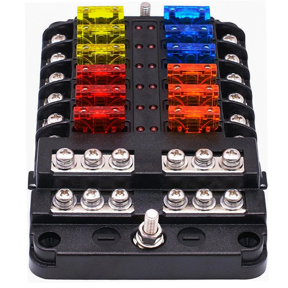 12 Way Blade Fuse Block Box Holder with LED Indicator for Universal (12V)