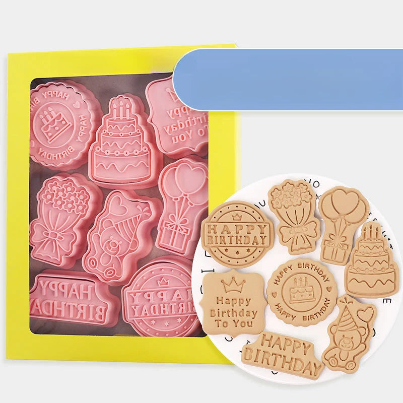 Set of 8 Cartoon Happy Birthday Cookie Cutters - Food Safe PP Baking Tool