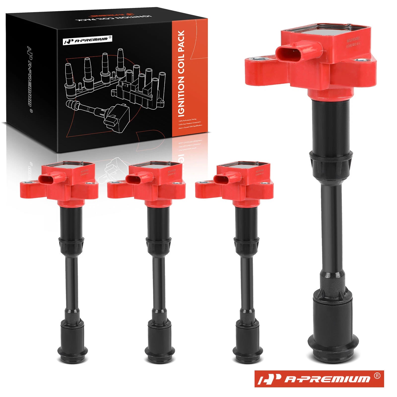 Set of 4 Red Ignition Coils for Ford Escape (2013–2016) Fusion (2013–2014) Fiesta