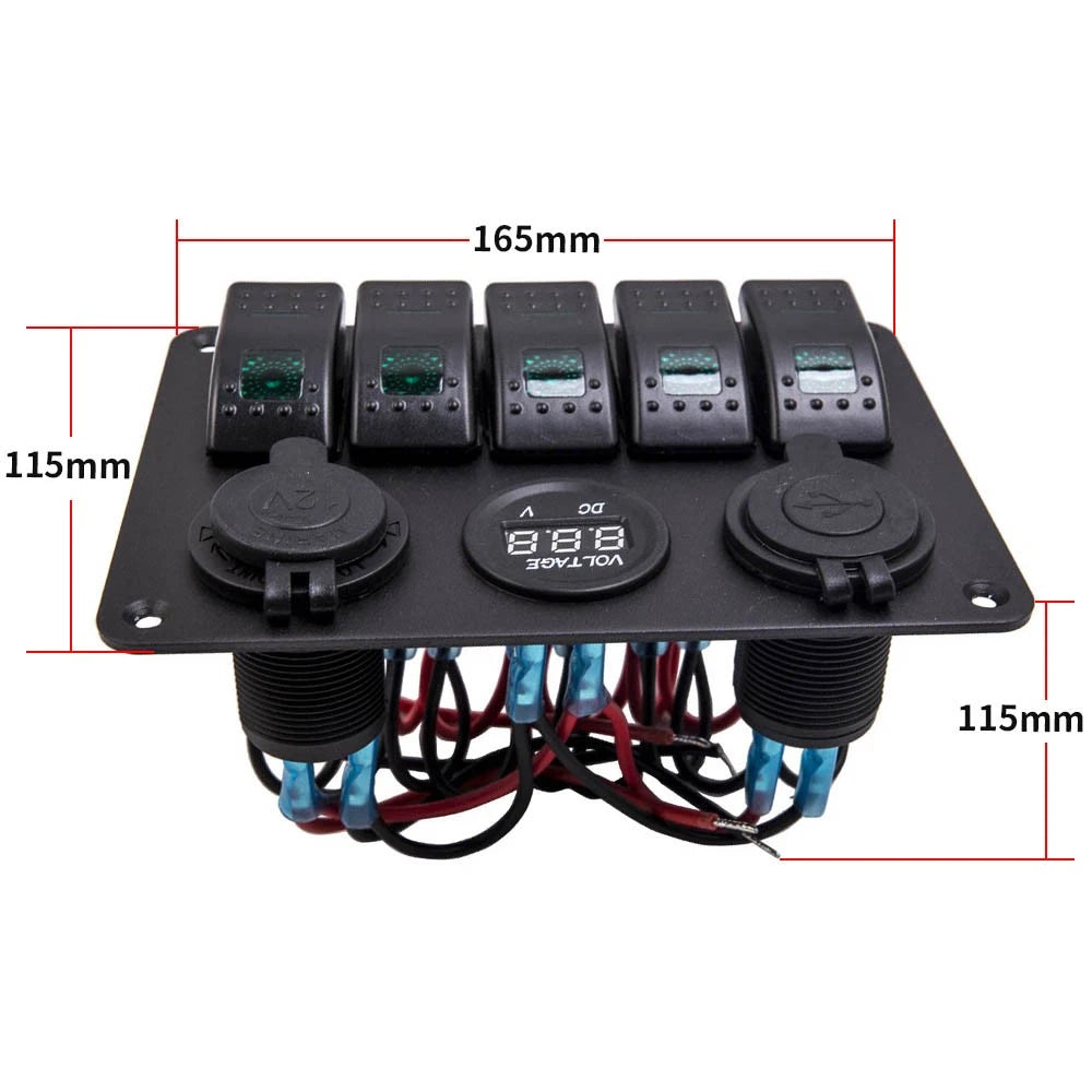 5 Gang Toggle Switch Panel with Dual USB Charging Ports for Car Boat Truck (12V)