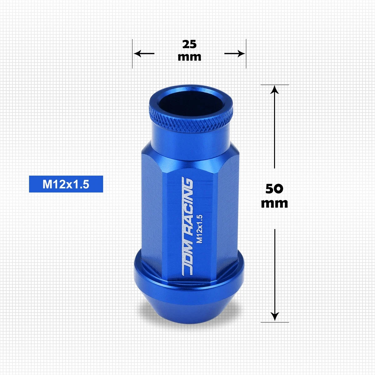 Set of 20 M12X1.5 Blue JDM Open-End Acorn Hex Wheel Lug Nuts + Extension 25mmx50mm