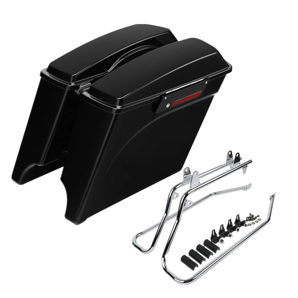 5" Stretched Hard Saddle Bags + Chrome Brackets for Harley Softail