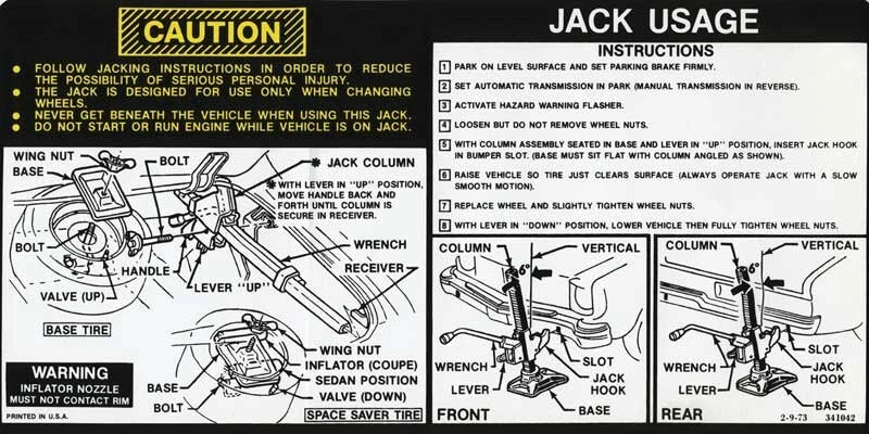 Jack Storage and Jacking Instruction Decal for 1974 Chevy Nova
