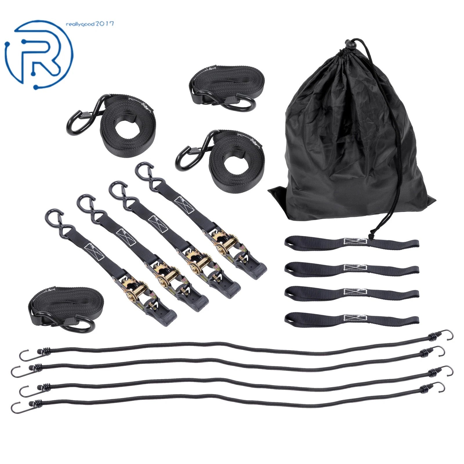Set of 4 Tie Downs 1" × 15' Ratchet Straps 2200Lbs with S Hook Heavy Duty