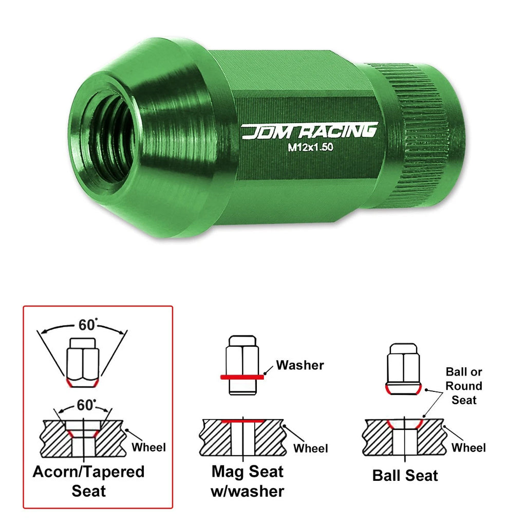 Set of 20 M12X1.5 Green JDM Open End Bulge Hex Lug Nuts + 25mm Extension