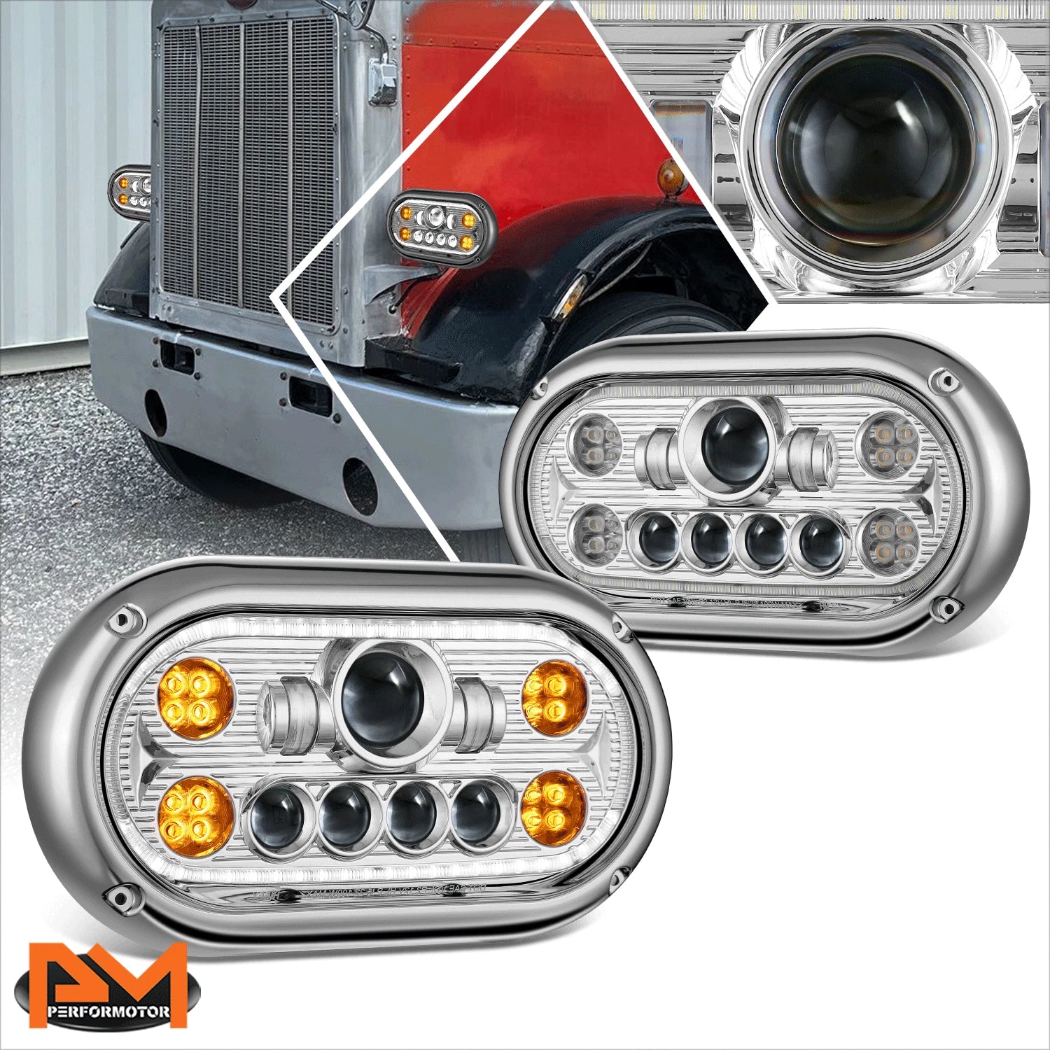 LED Halo Ring DRL Projector Headlights for Peterbilt 359 (1967–1987)