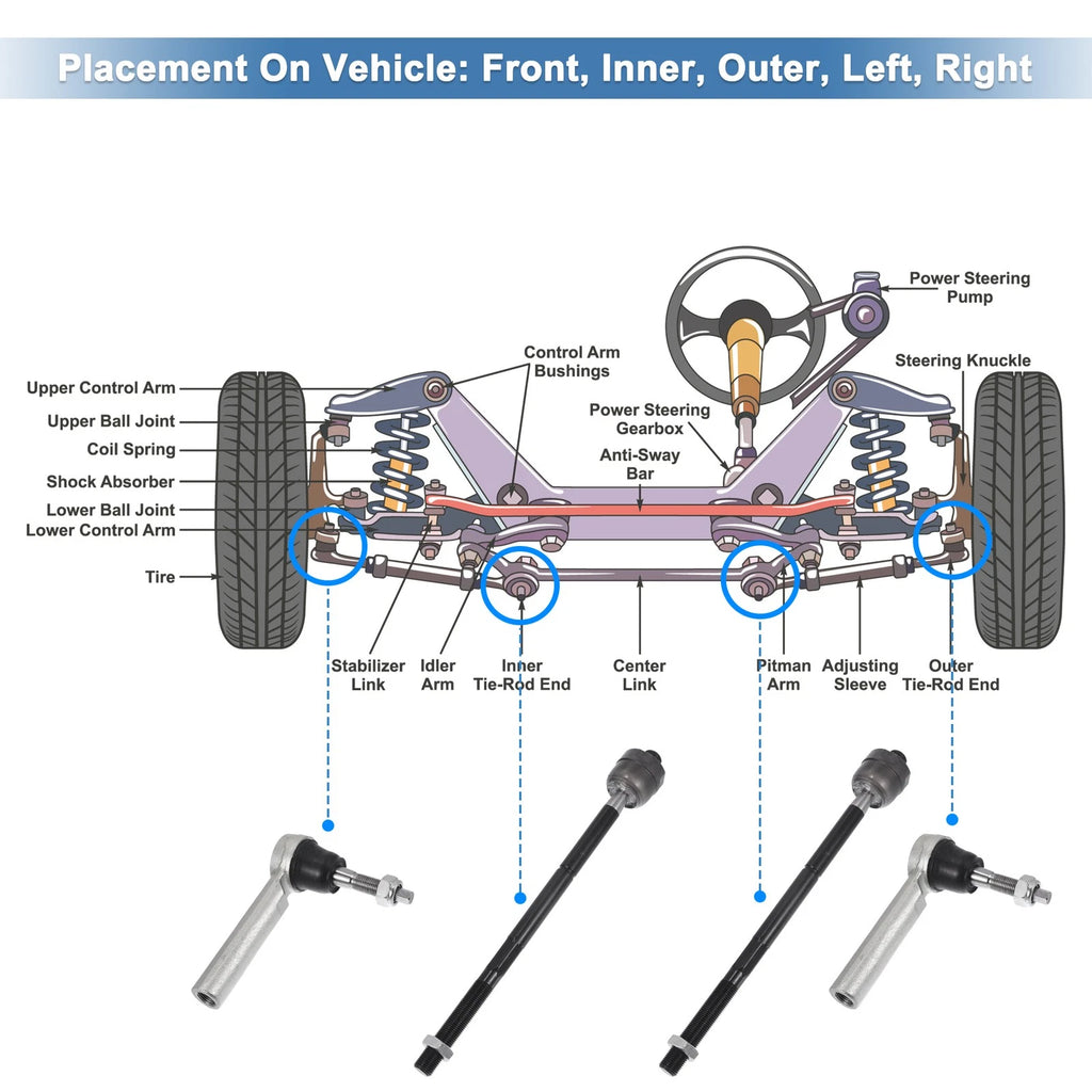 Set of 4 Front Inner Outer Tie Rod End Links for Cadillac Escalade (2002–2020)