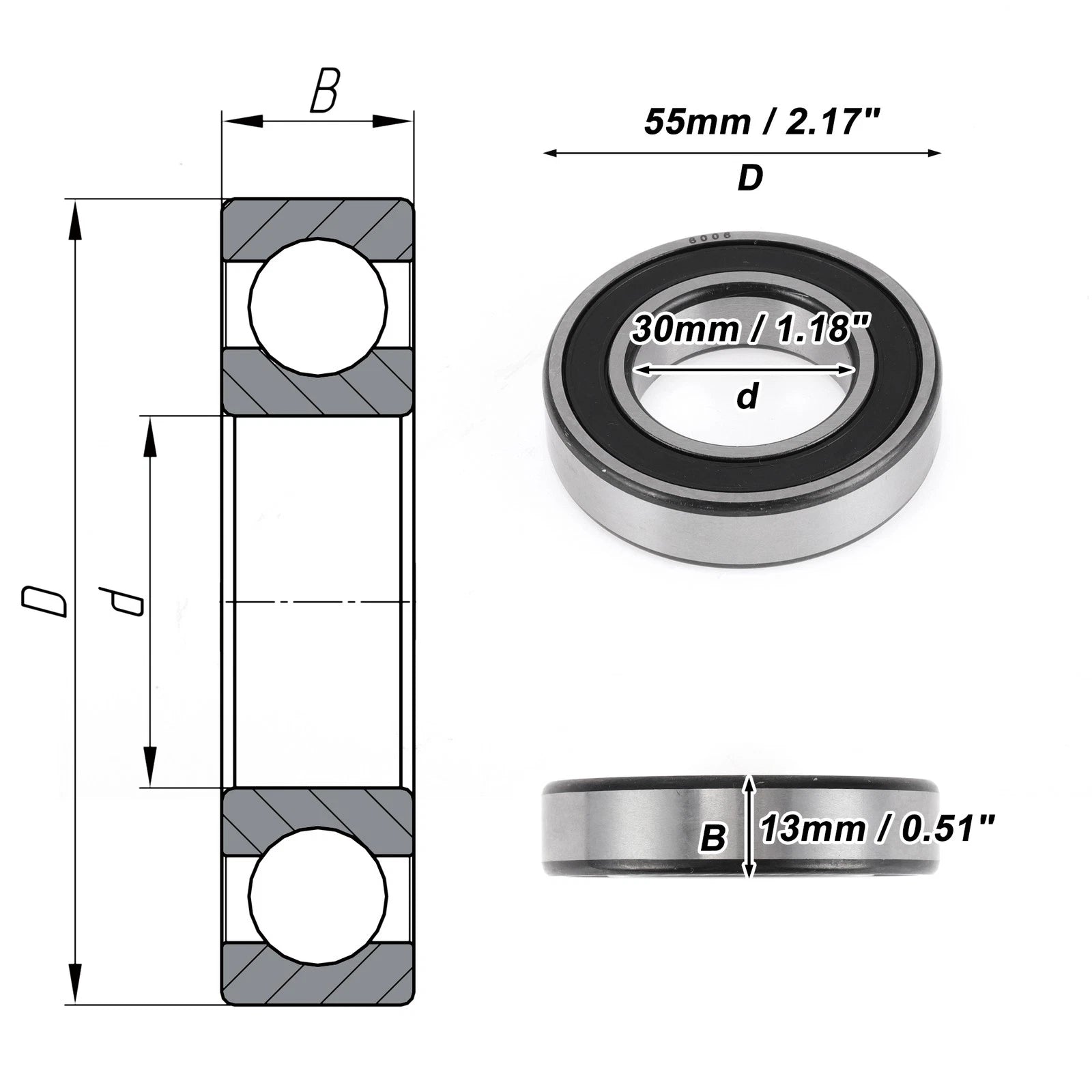 6006DDU Deep Groove Ball Bearing for Scooter Skateboard Wheel (30x55x13mm)