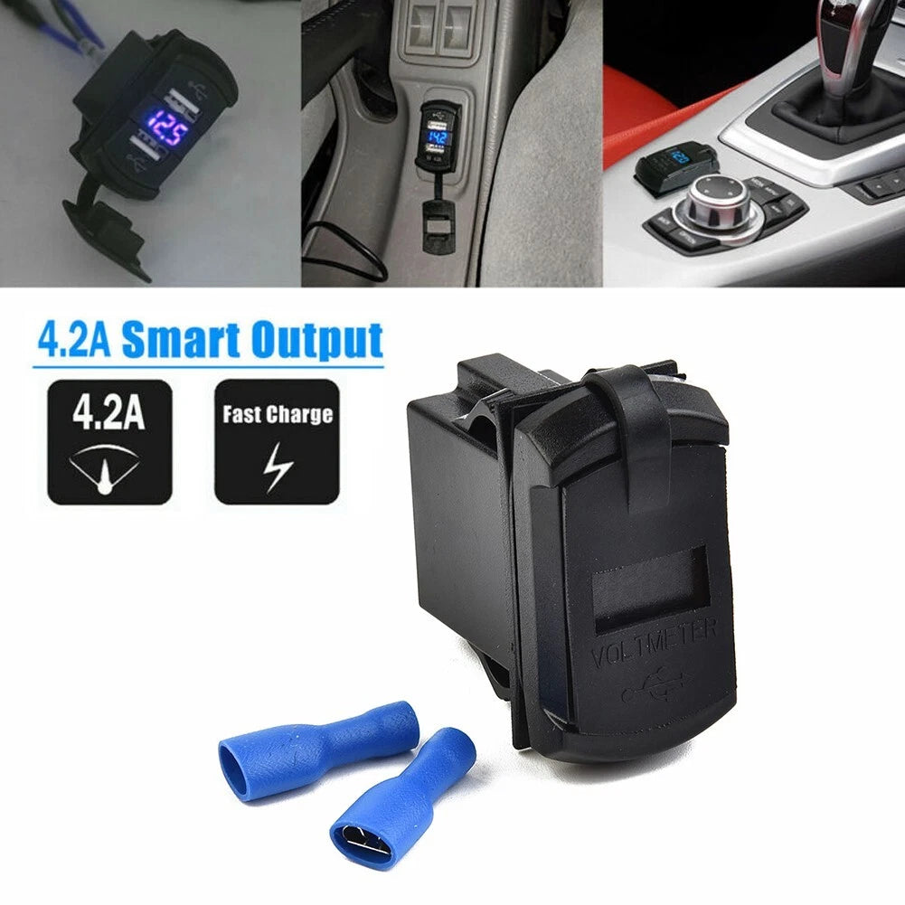 Dual USB Charger Socket with LED Voltmeter for Car Boat (12V/24V)