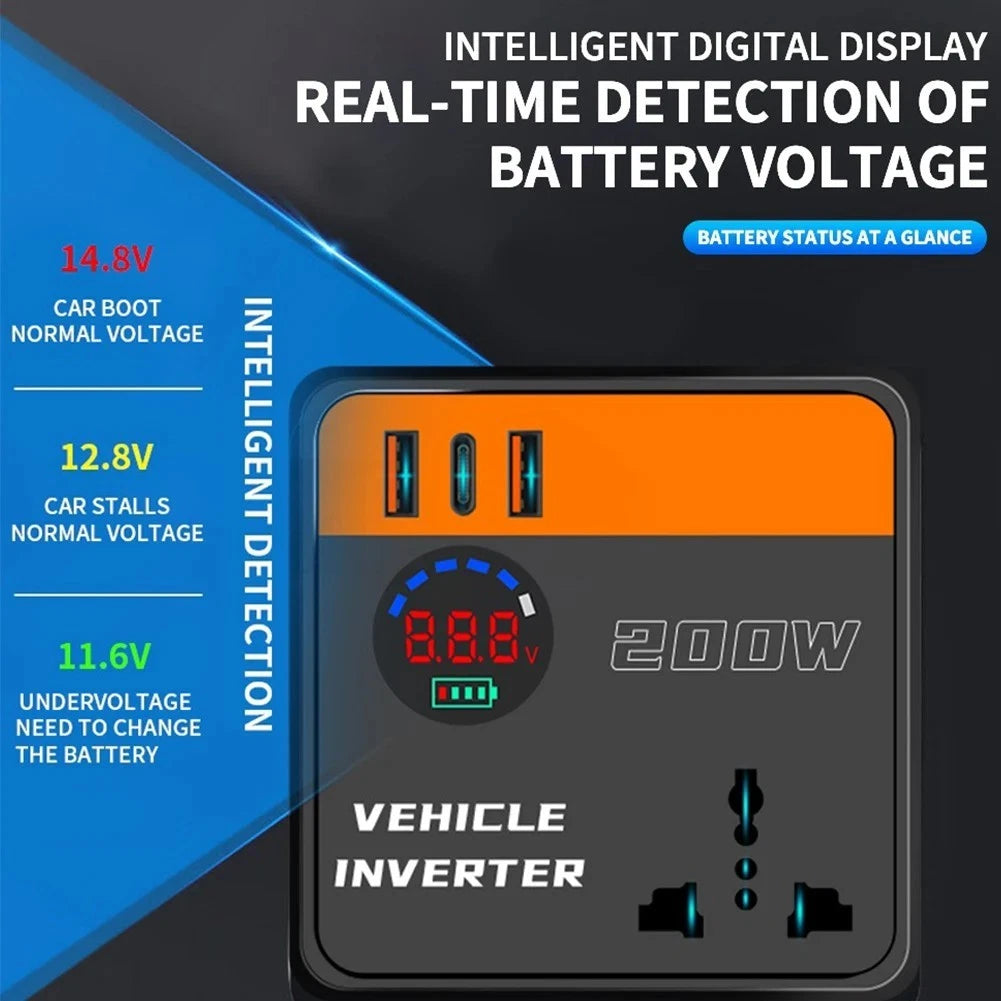 200W Car Inverter DC12V 24V to AC 220V with USB PD and Voltage Meter