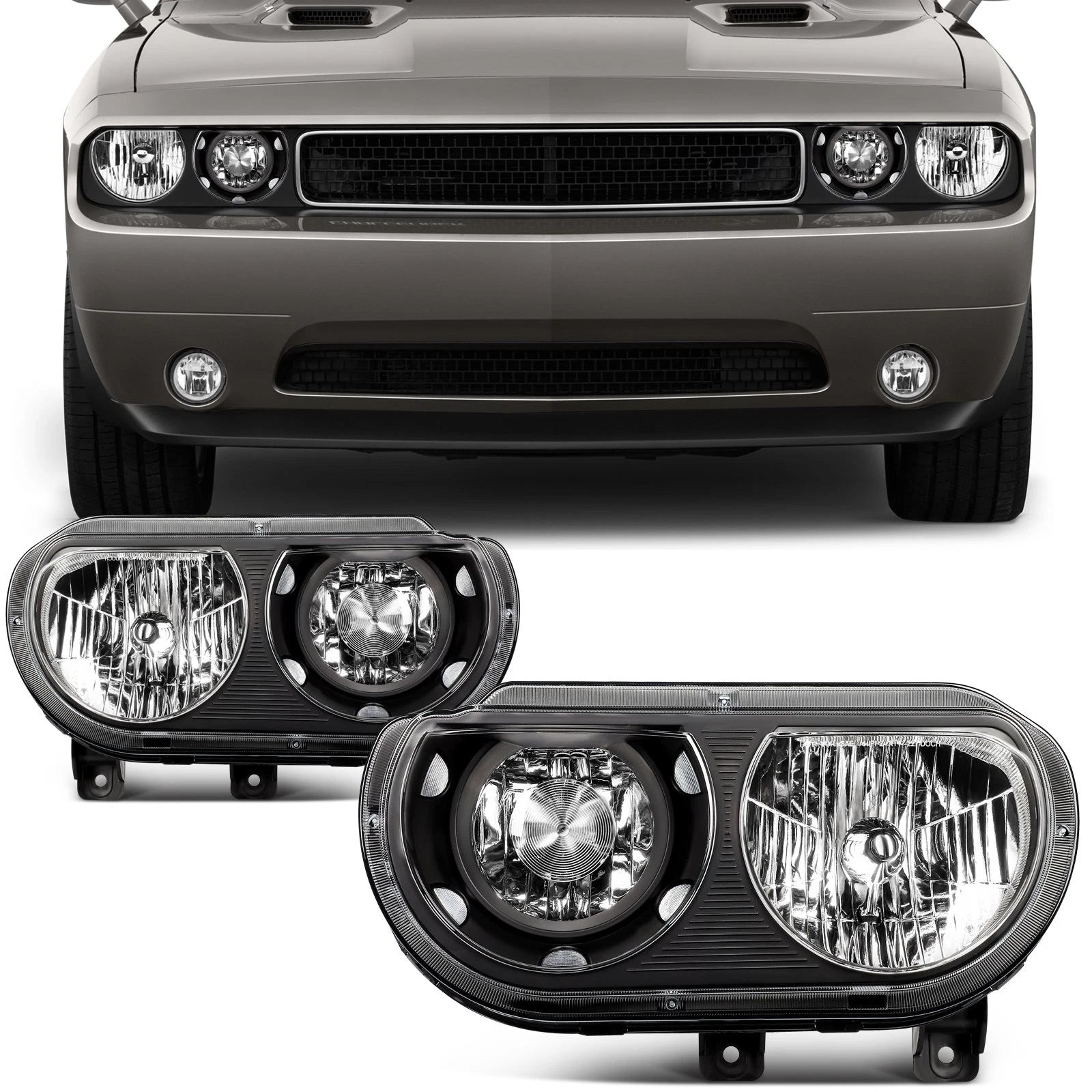 2X Halogen Headlights Assembly for Dodge Challenger (2008–2014) Black