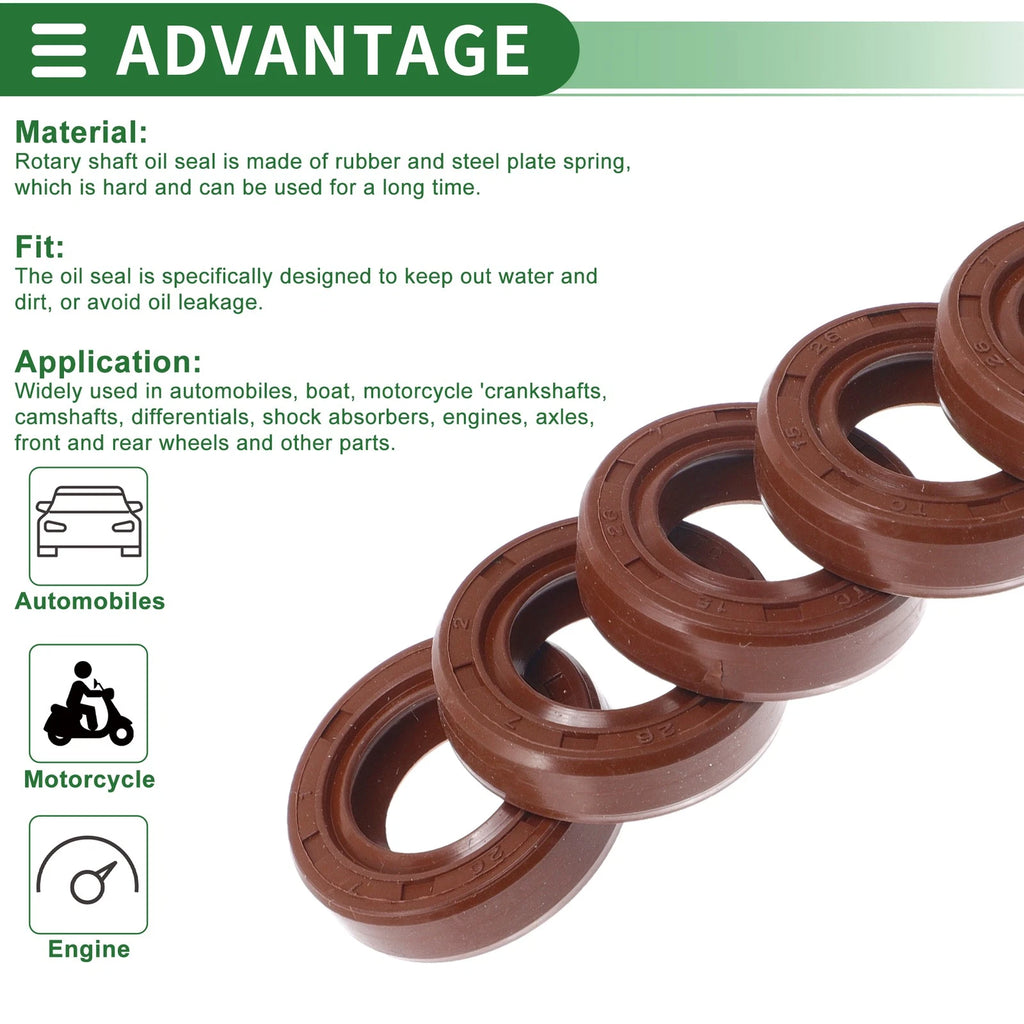 Set of 5 Oil Seal Rotary Shaft Seal FKM Rubber 15x26x7mm