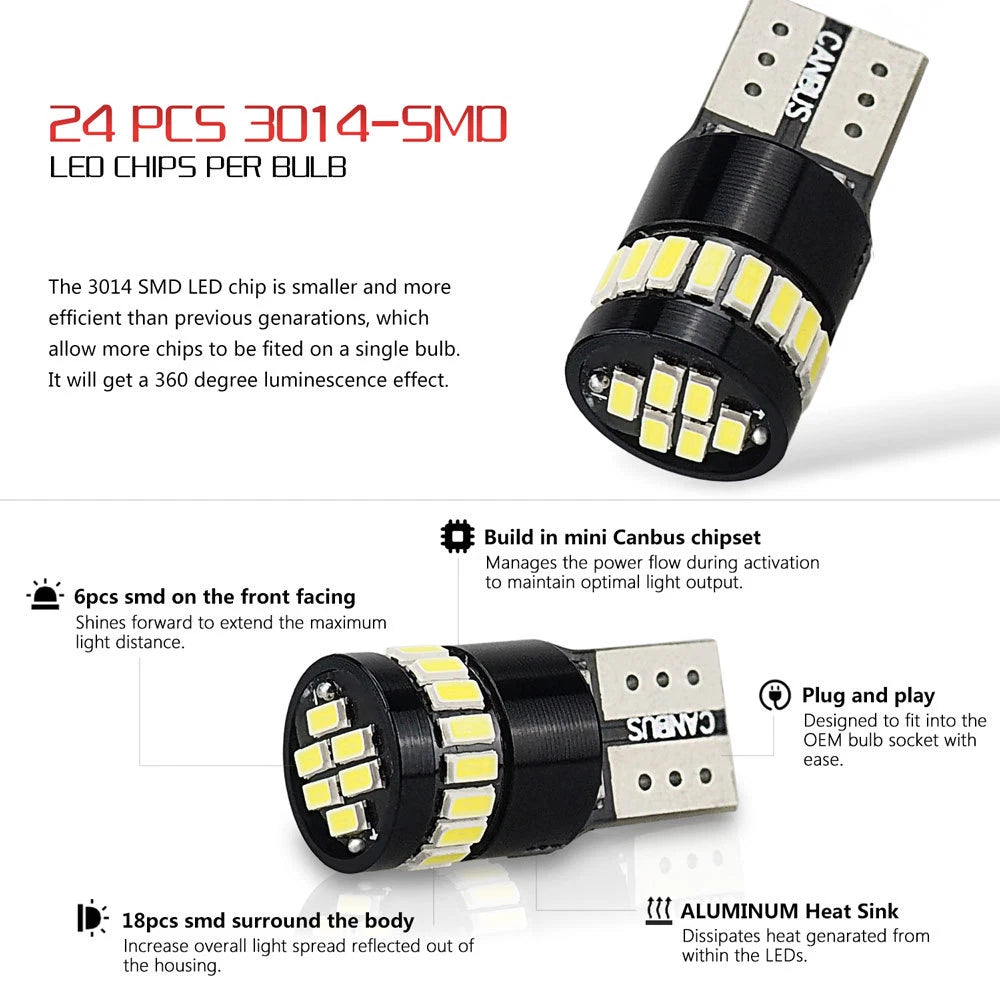 10x T10 LED Side Light Bulbs for Cars (Error Free)
