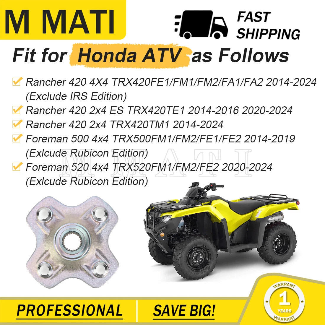 Rear Wheel Hub Left for Honda Rancher 420 4X4 TRX420FE1/FM1/FM2/FA1/FA2 (2014–2024)