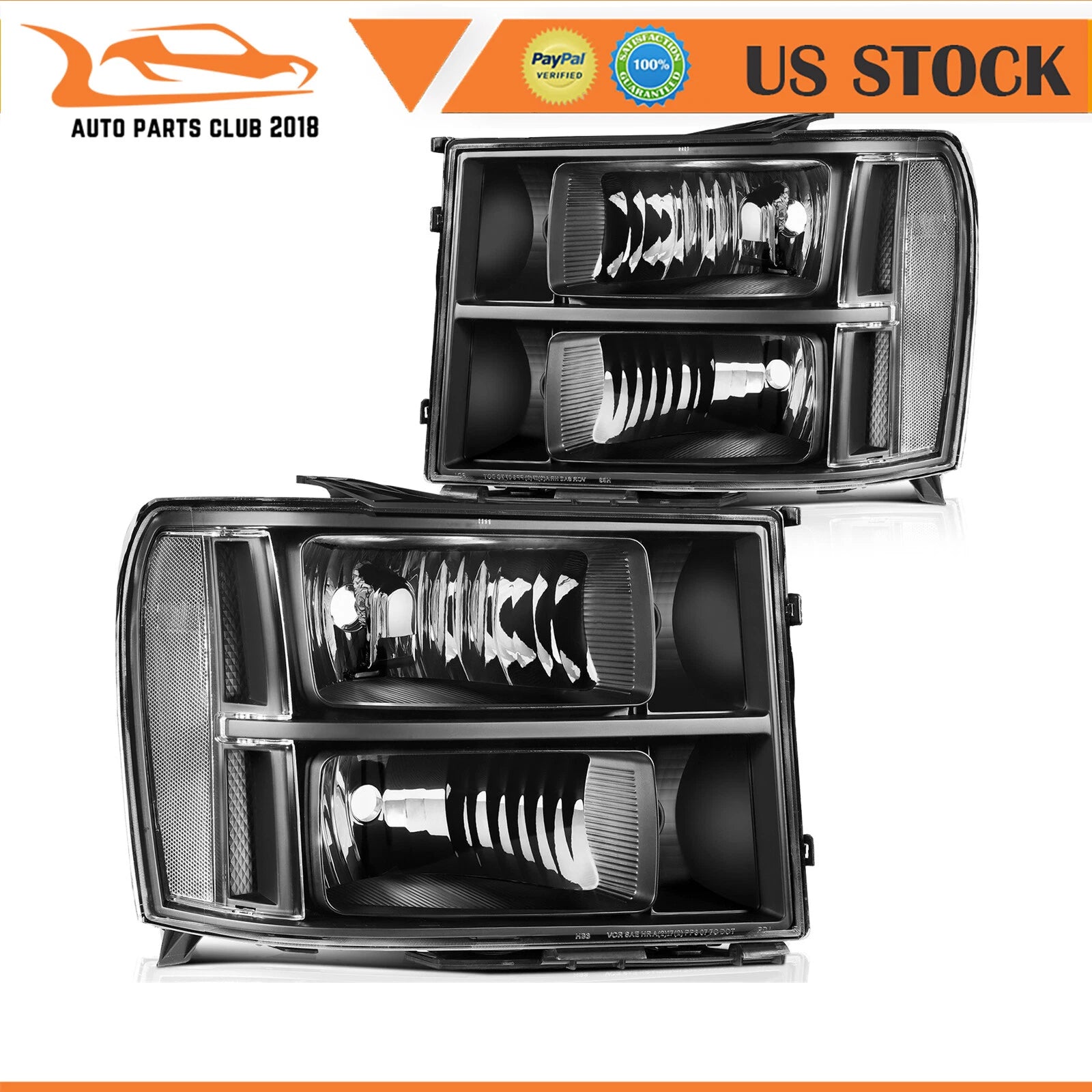 Set of 2 Black/Clear Headlights for GMC Sierra 1500 2500 3500 (2007–2014)
