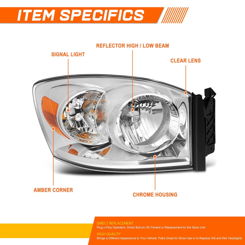 Headlight Lamps Replacement for Dodge Ram 1500/2500/3500 (2006–2009)