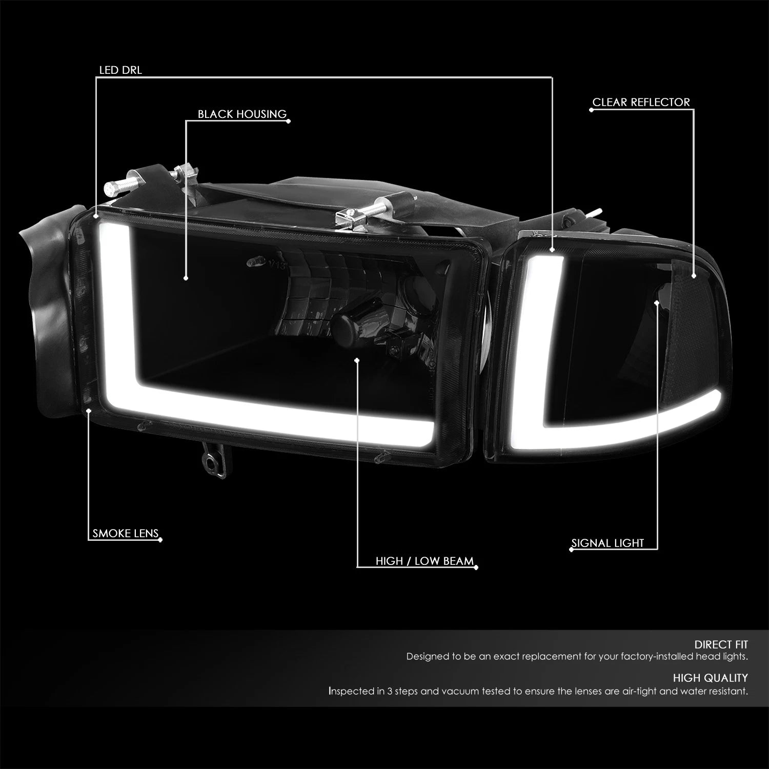 LED DRL Tinted Clear Side Headlight Lamps for Dodge Ram Truck (1994–2002)
