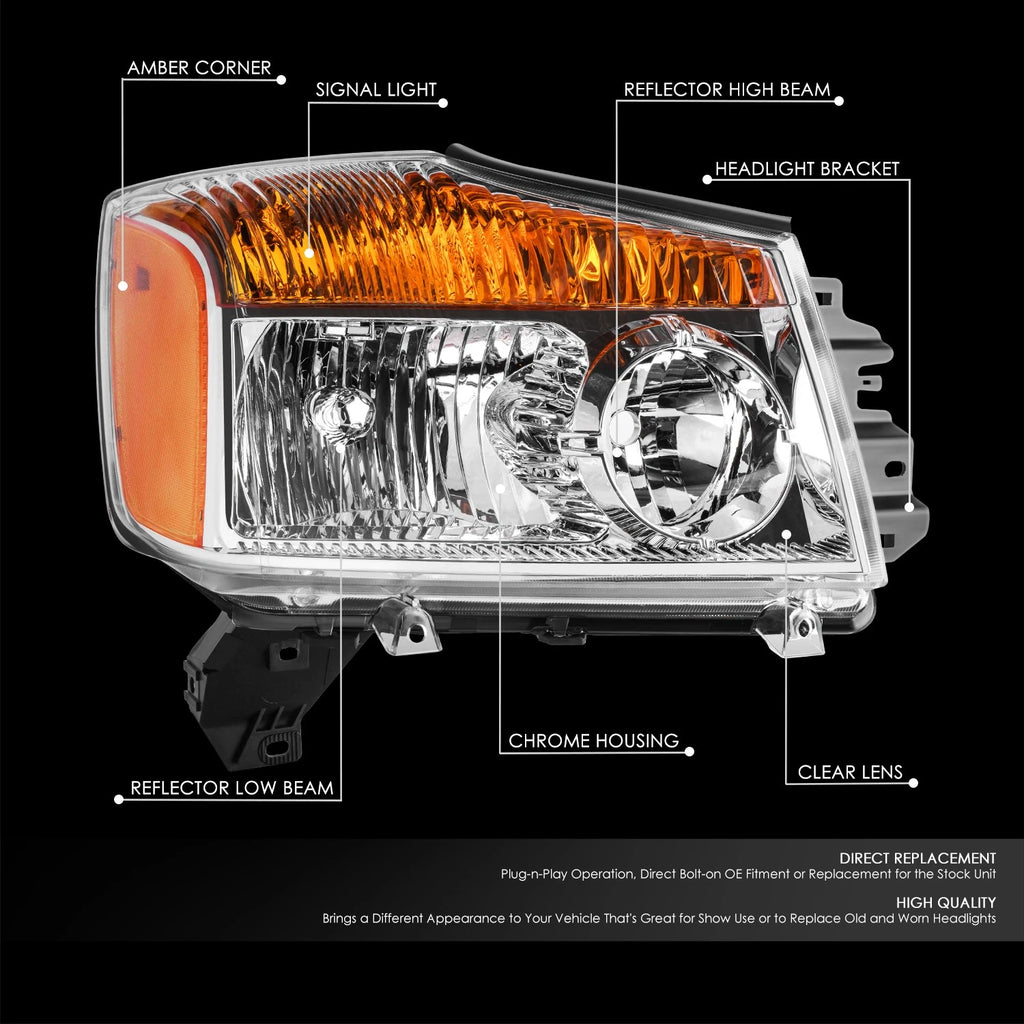 Passenger Side Chrome Housing Headlight Lamp for Nissan Titan (2008–2015)