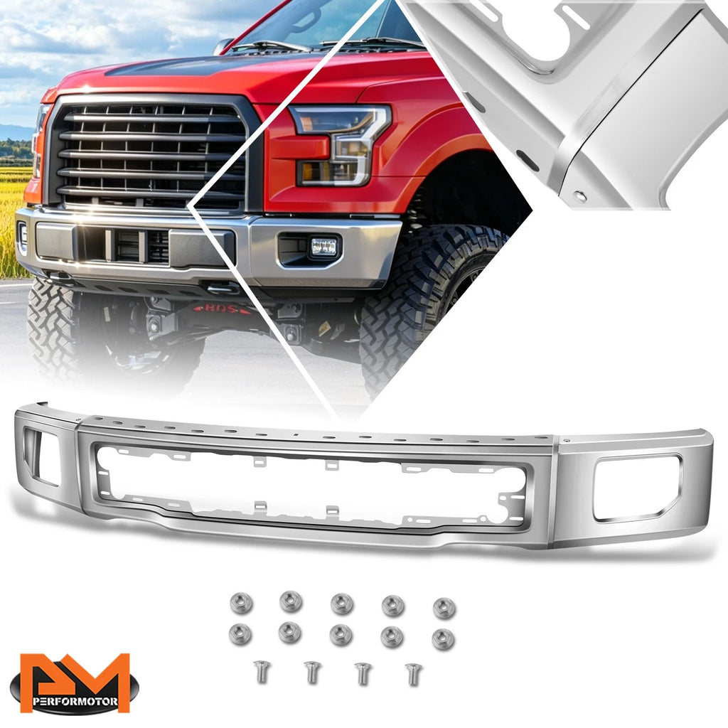 Steel Front Bumper Face Bar w/Fog Light Holes Chrome for Ford F-150 (2015–2017)