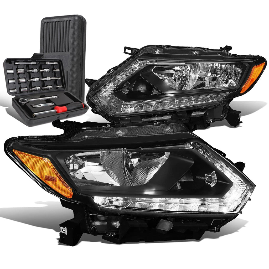 LED DRL Pair for Nissan Rogue (2014–2016) Black/Amber Headlights + Tool Box