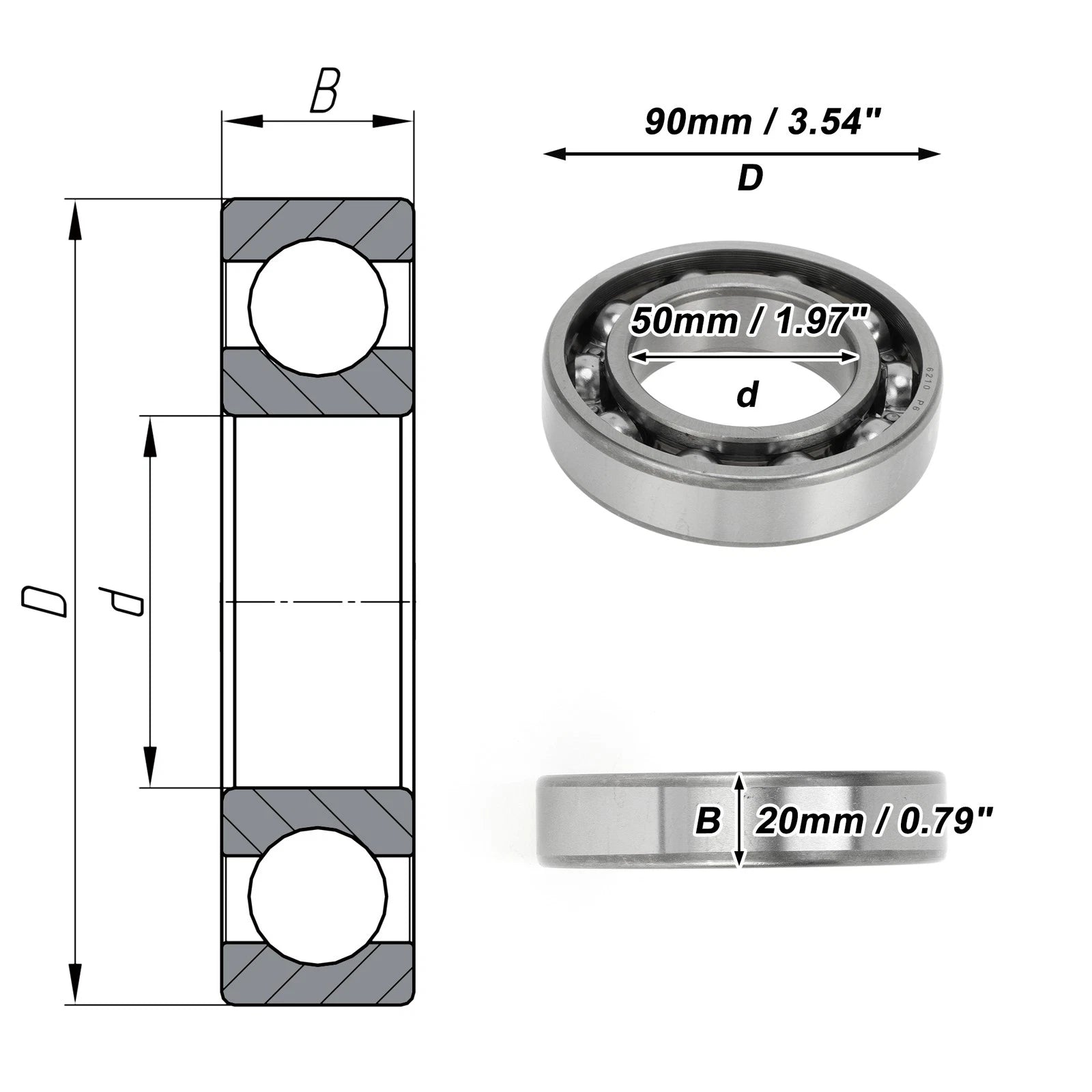 6210 Deep Groove Ball Bearing for Scooter Skateboard Wheel (50x90x20mm)