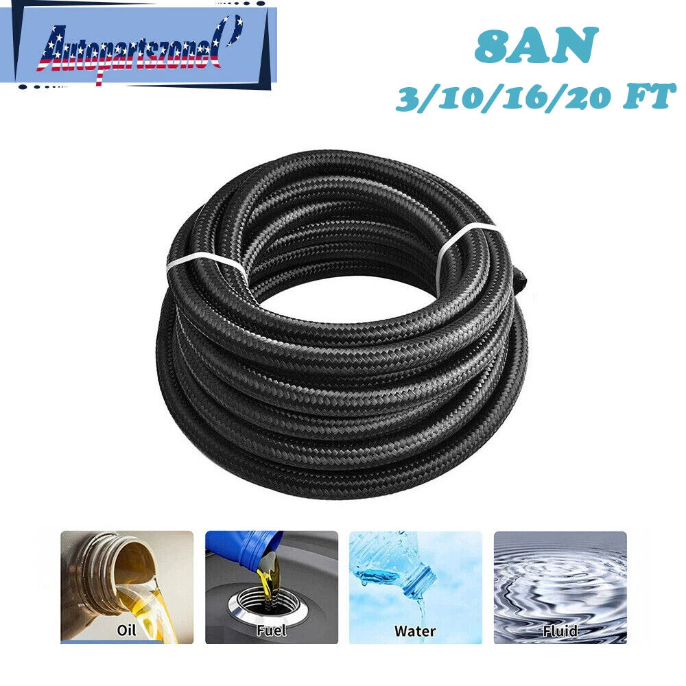 Fuel Hose Oil Gas Line AN8 Nylon Stainless Steel Braided 3FT 10FT 16FT 20FT