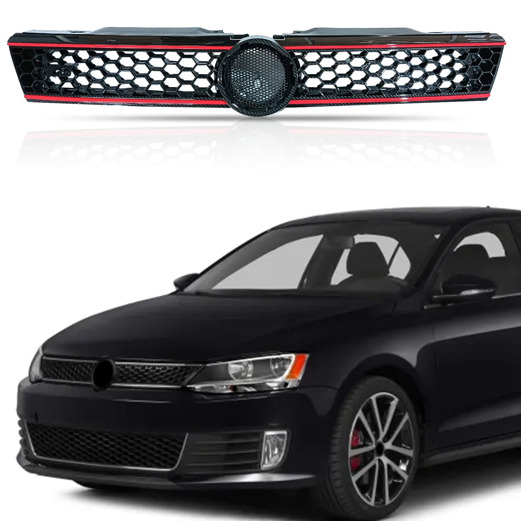 Hex Mesh Front Grille for VW Jetta (2011–2014) - Carbon Fiber Print, Red Trim