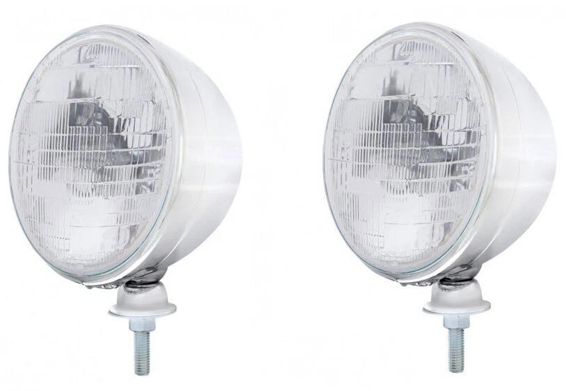 Head Light Buckets with Sealed Beam Bulb for Hot Rods (Chrome) (7 Inch)