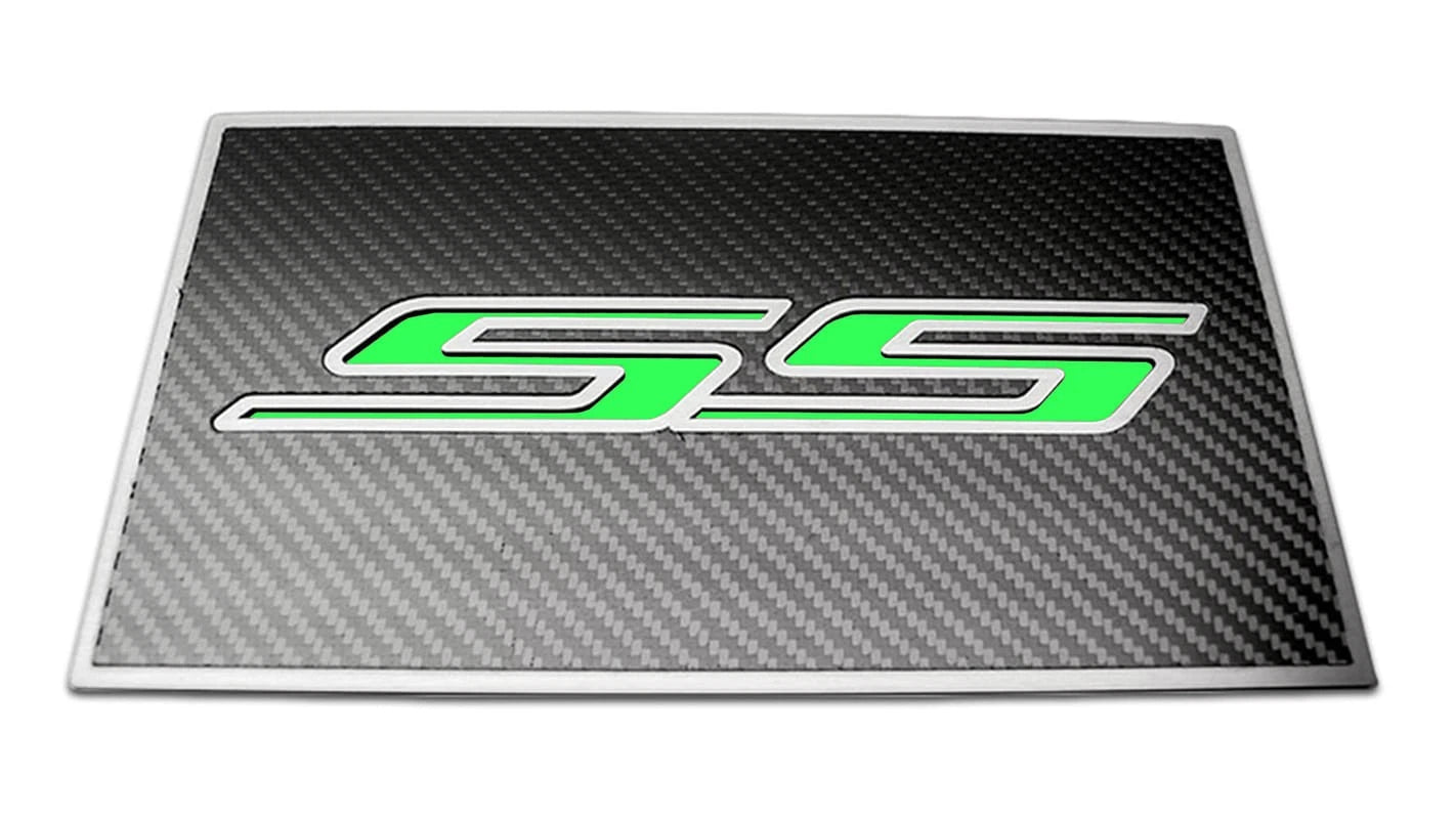 Carbon Fiber Fuse Box Cover Plate w/Synergy Green "SS" Inlay for 16-19 Camaro SS