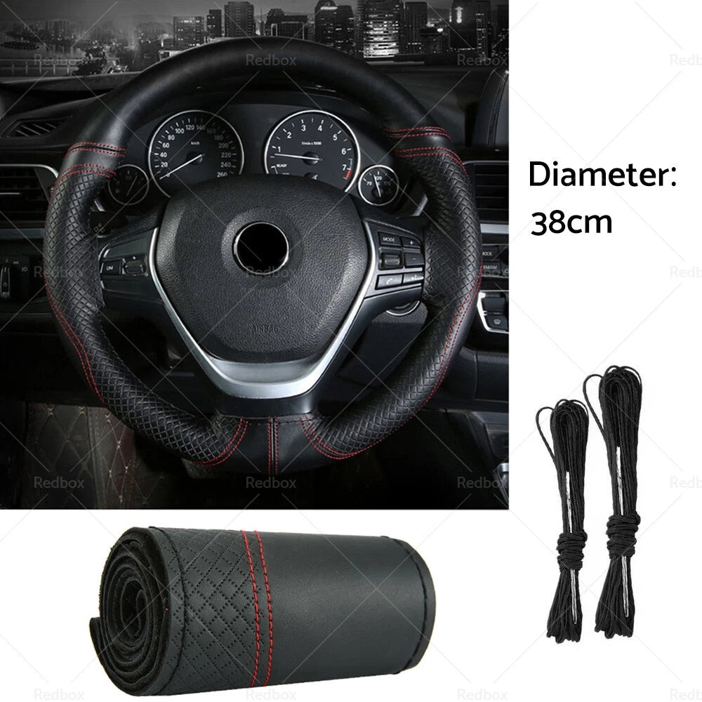 Leather Steering Wheel Cover for 38cm Cars (Universal Fit)