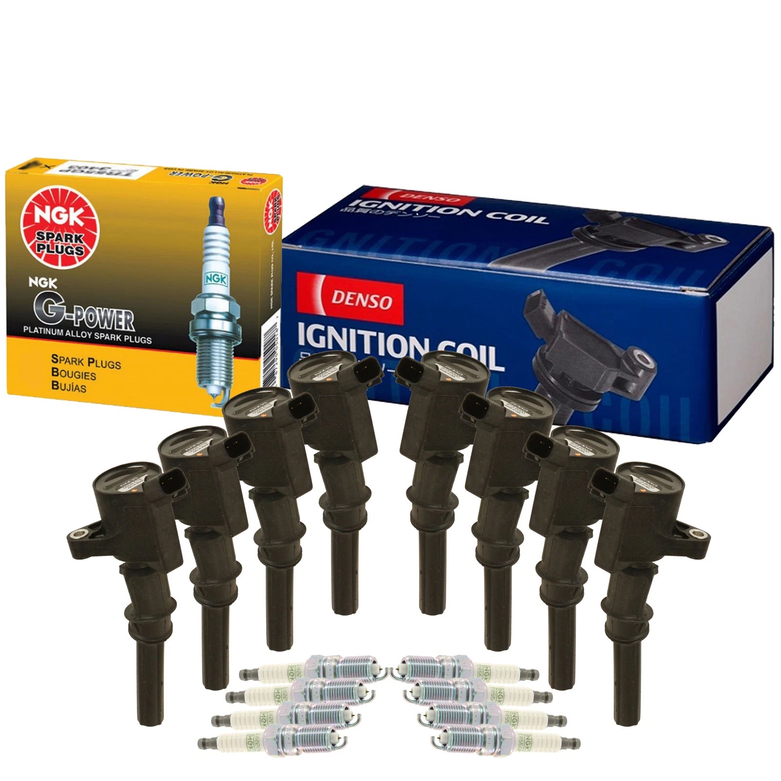 Set of 8 Ignition Coils & Spark Plugs for Ford Lincoln Mercury (Denso, NGK)
