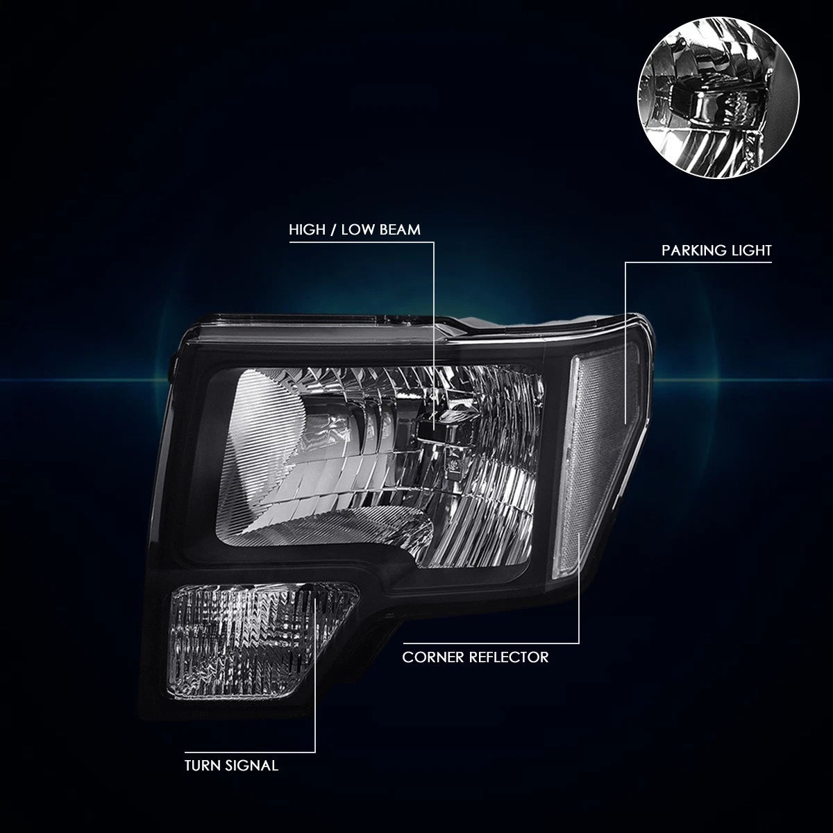 Set of 2 Black Housing Headlight Clear Side Corner Lamps for Ford F150 (2009–2014)