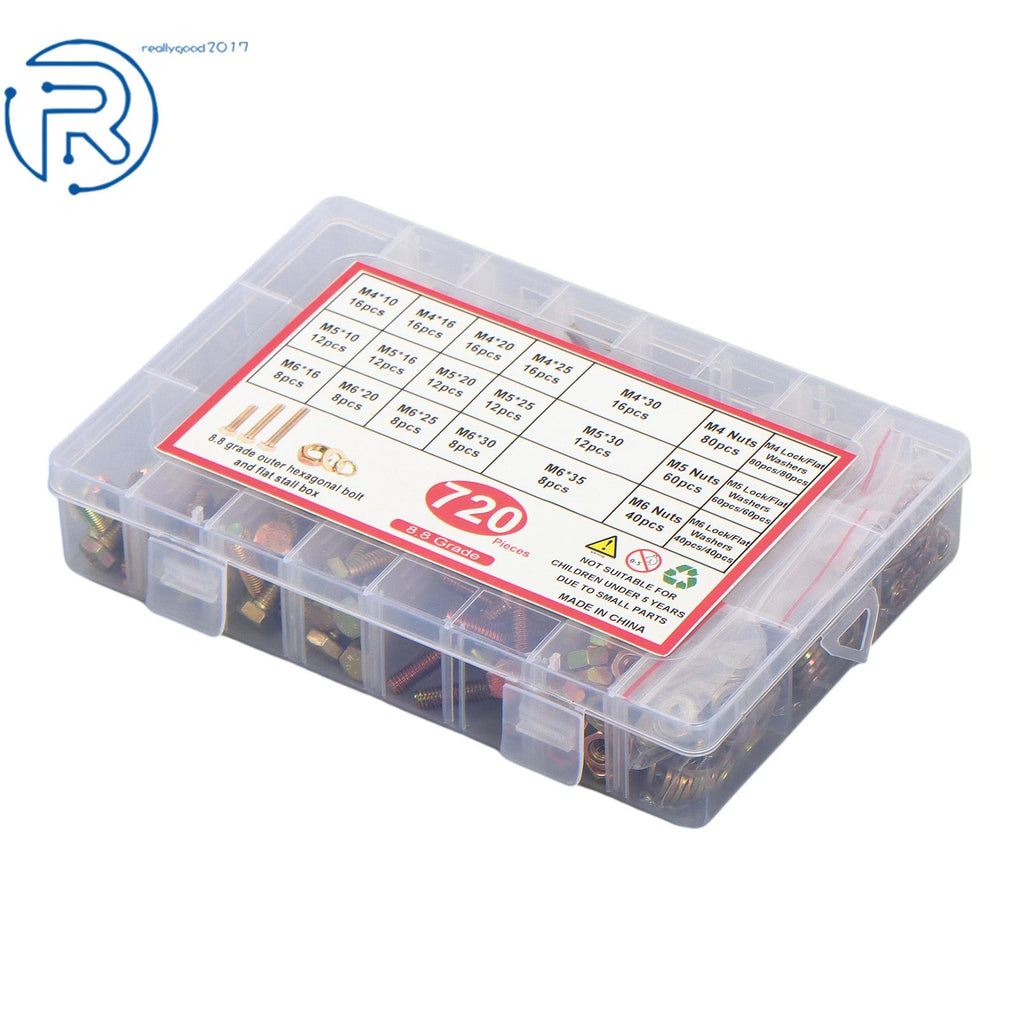 Set of 720 Hexagon Bolts, Nuts, and Washers for Automotive Use