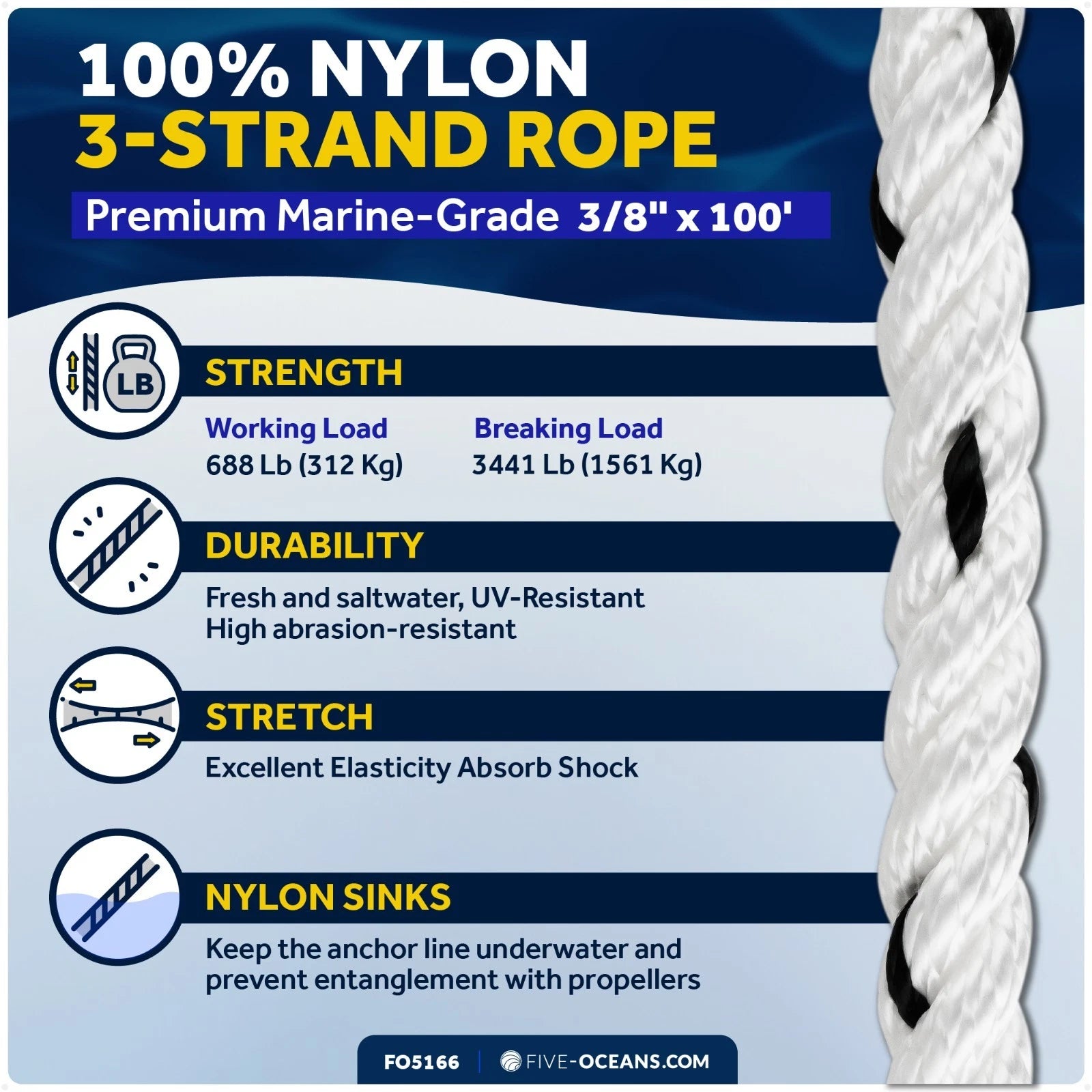 3/8" x 100' Anchor Rode Rope with 1/4" x 3' Galvanized Chain