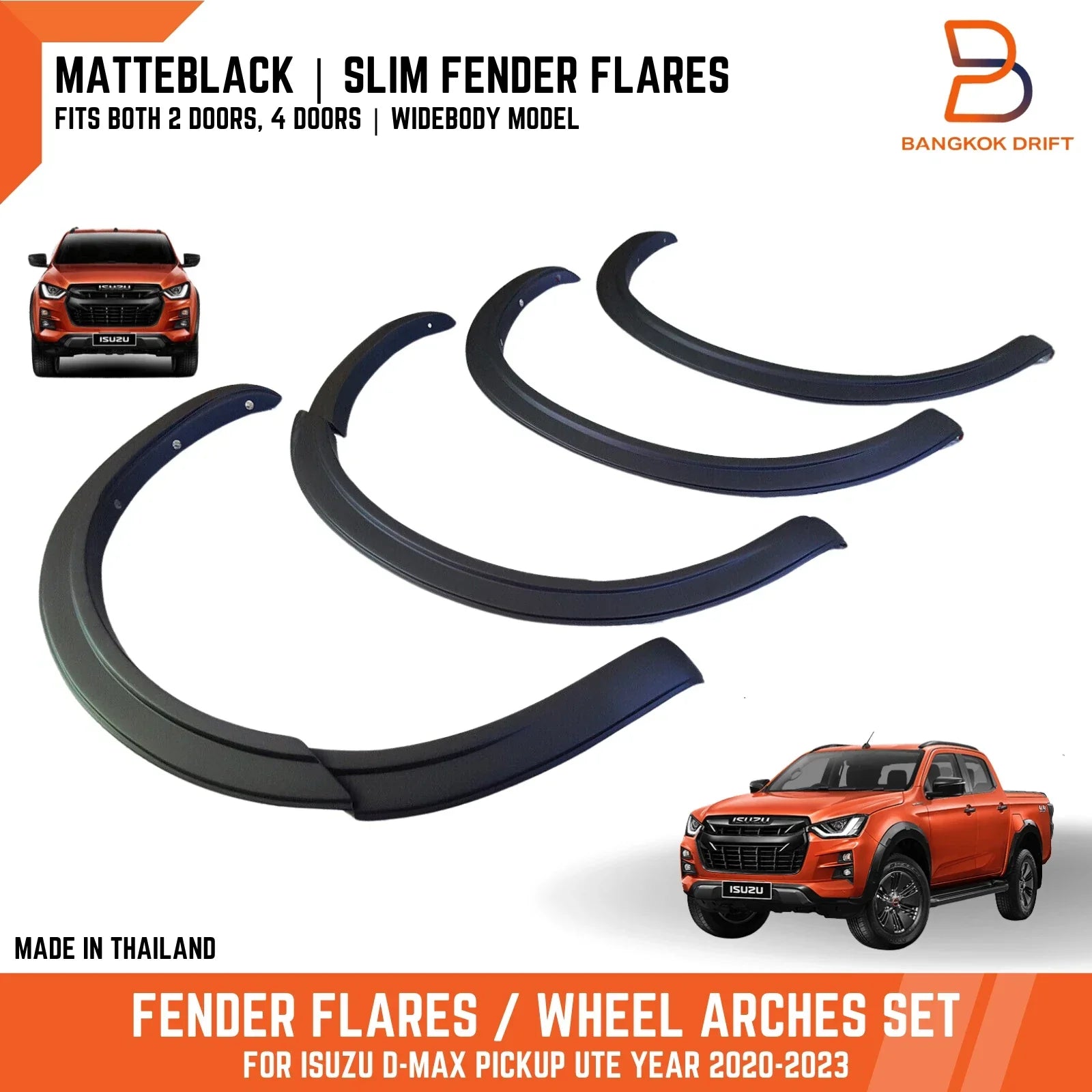 3" Smooth Matte Black Slim Fender Flares for Isuzu D-Max UTE (2020-2023)