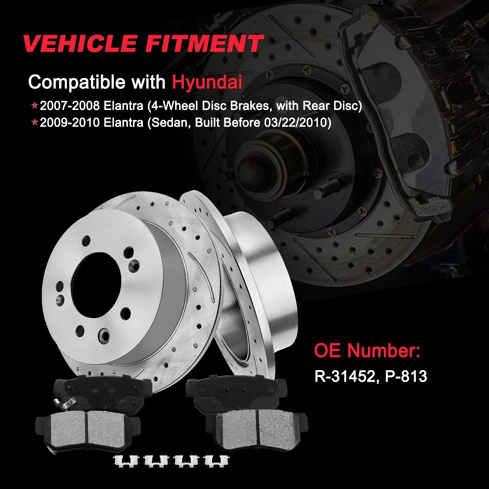 Rear Drilled Brake Rotors & Ceramic Brake Pads for Hyundai Elantra (2007–2010)