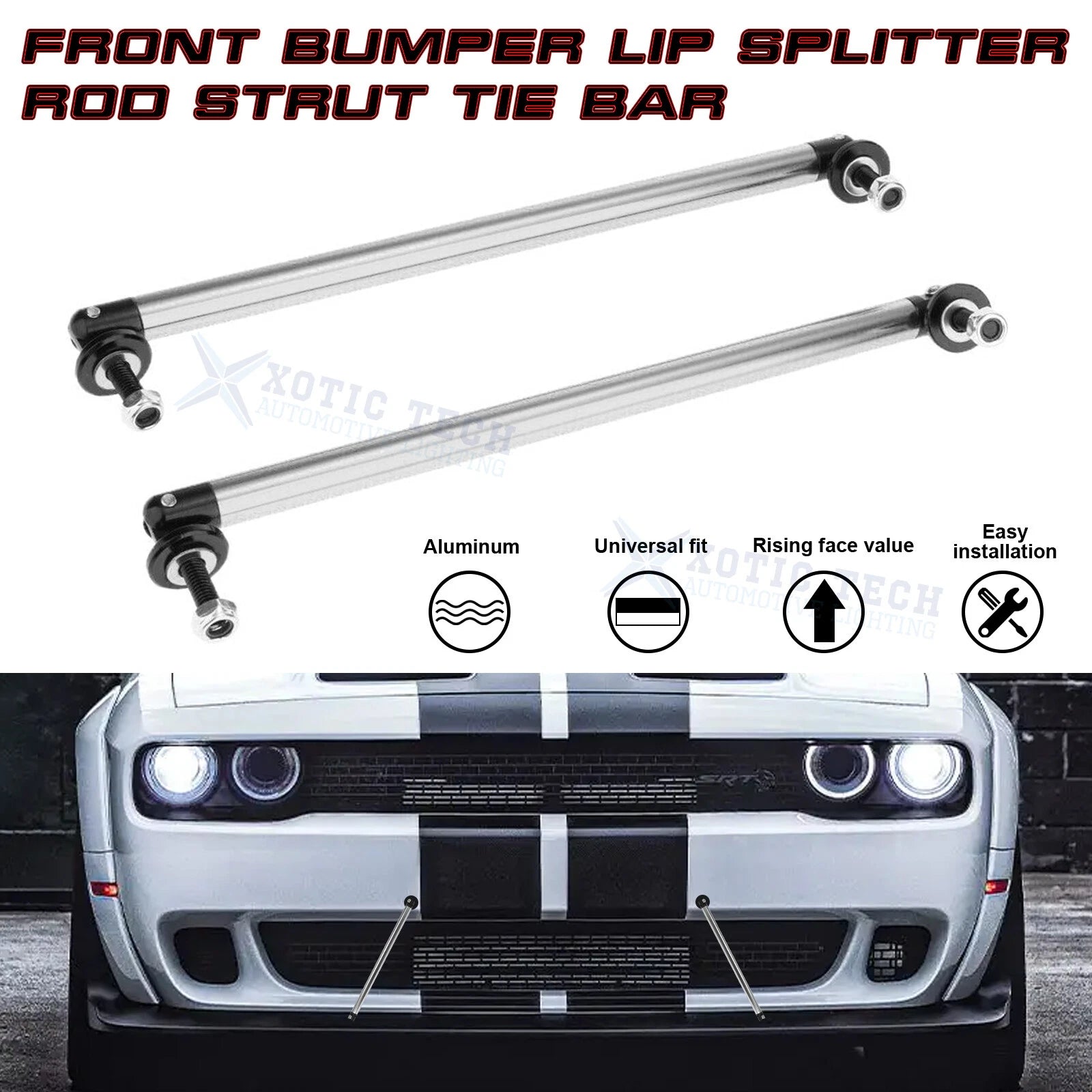 Front Bumper Lip Splitter Strut Rod Tie Support Bar for Silver (7.87") (2011-2020)