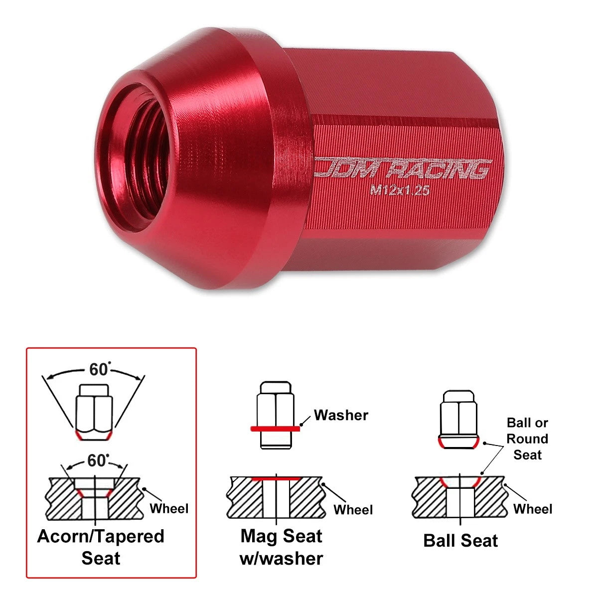 20Pc M12X1.25 Red JDM Closed End Acorn Hex Wheel Lug Nuts + Extension 25mmx35mm