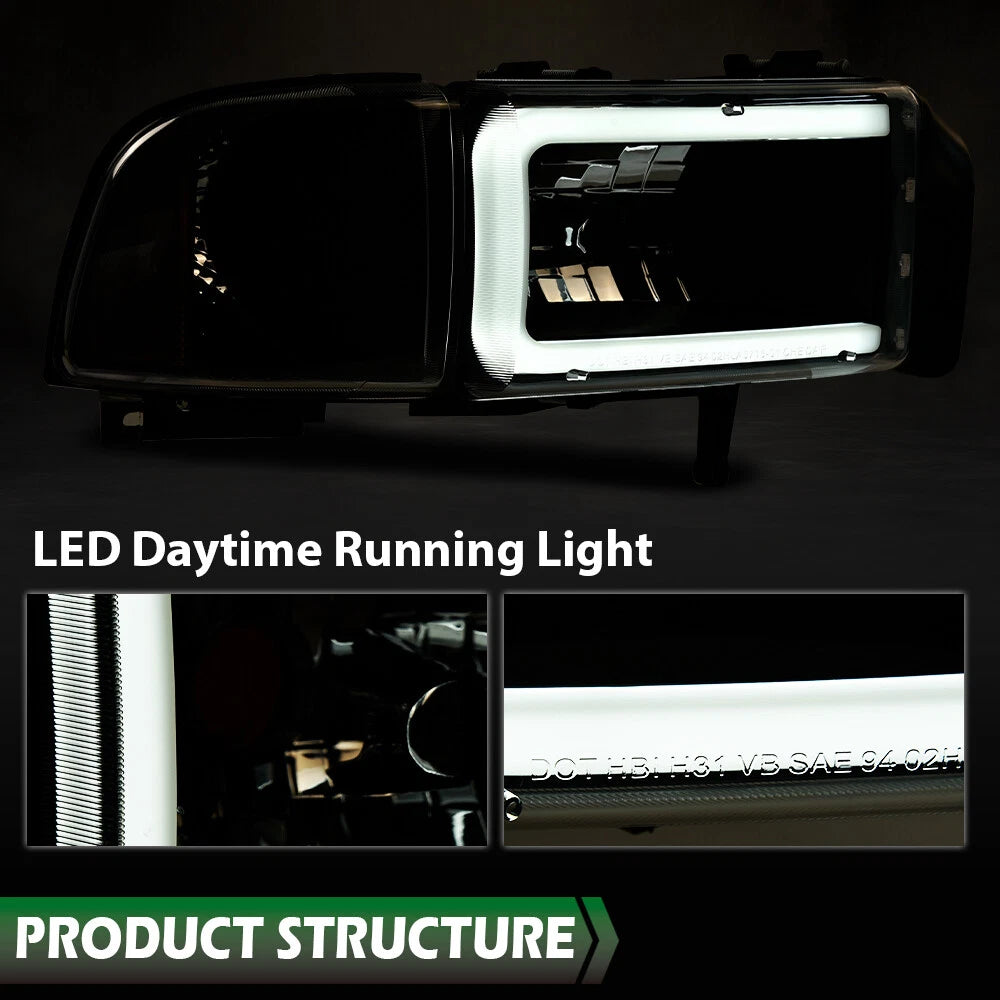 Clear Corner Black LED DRL Headlights for Dodge Ram 1500 2500 3500 (1994–2002)