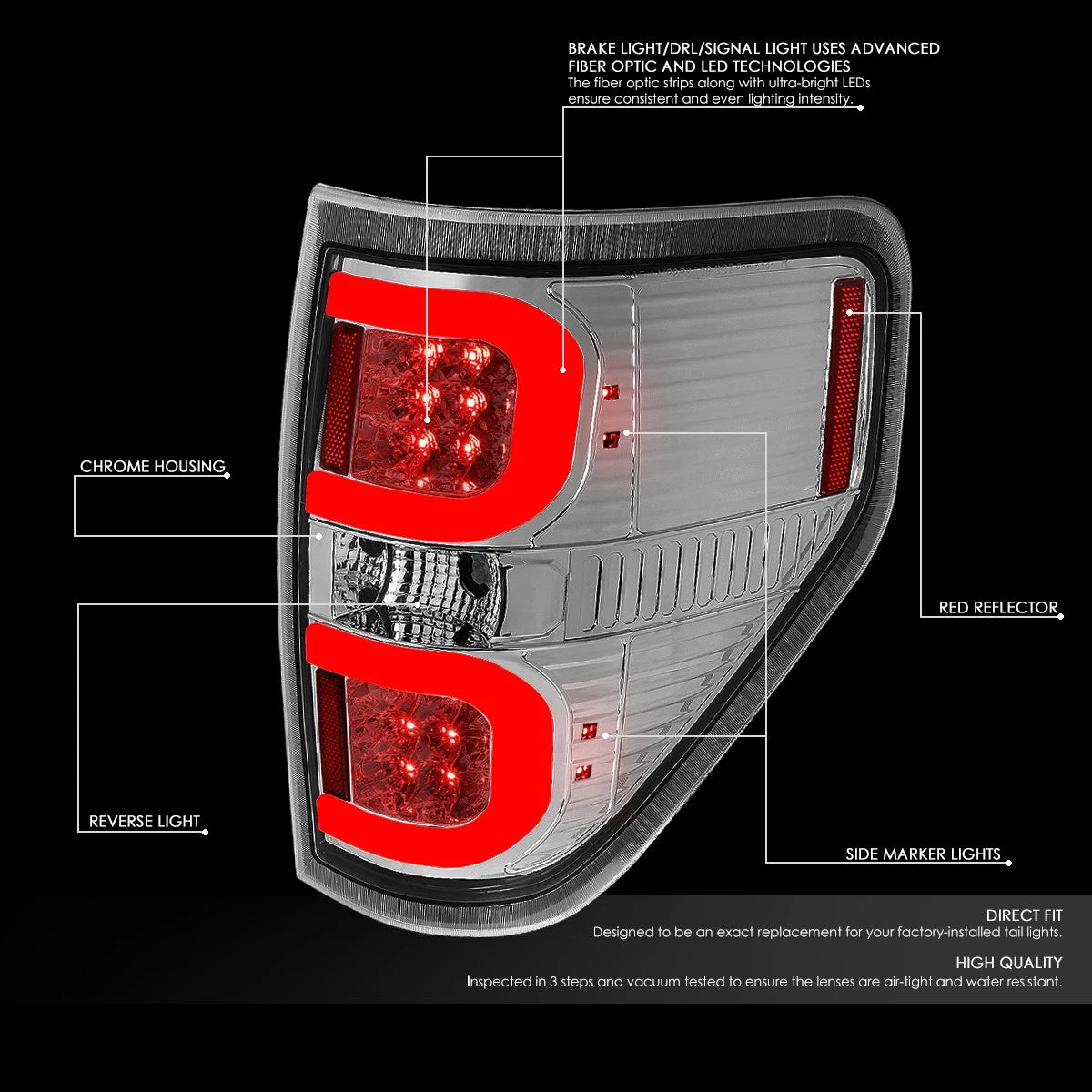 Tron Style LED Tube Tail Brake Light Reverse Lamp Chrome for Ford F150 (2009–2014)