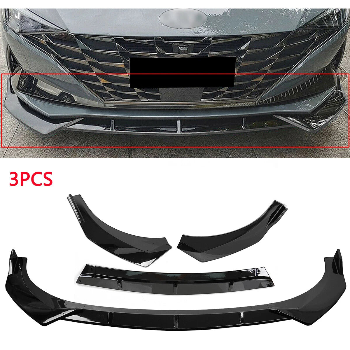 3X Gloss Black Front Bumper Lip Spoiler Body Kit for Hyundai Elantra (2021–2022)