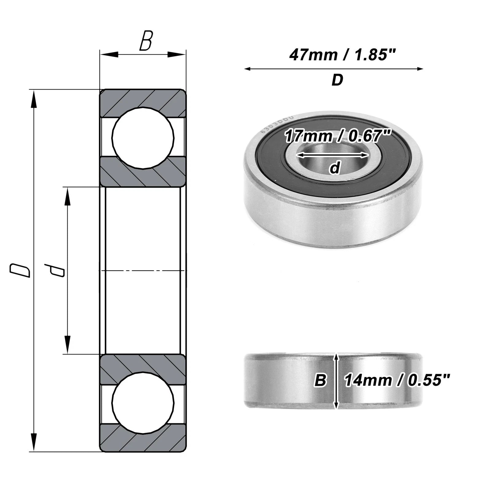 6303DDU Deep Groove Ball Bearing for Scooter Skateboard Wheel (17x47x14mm)