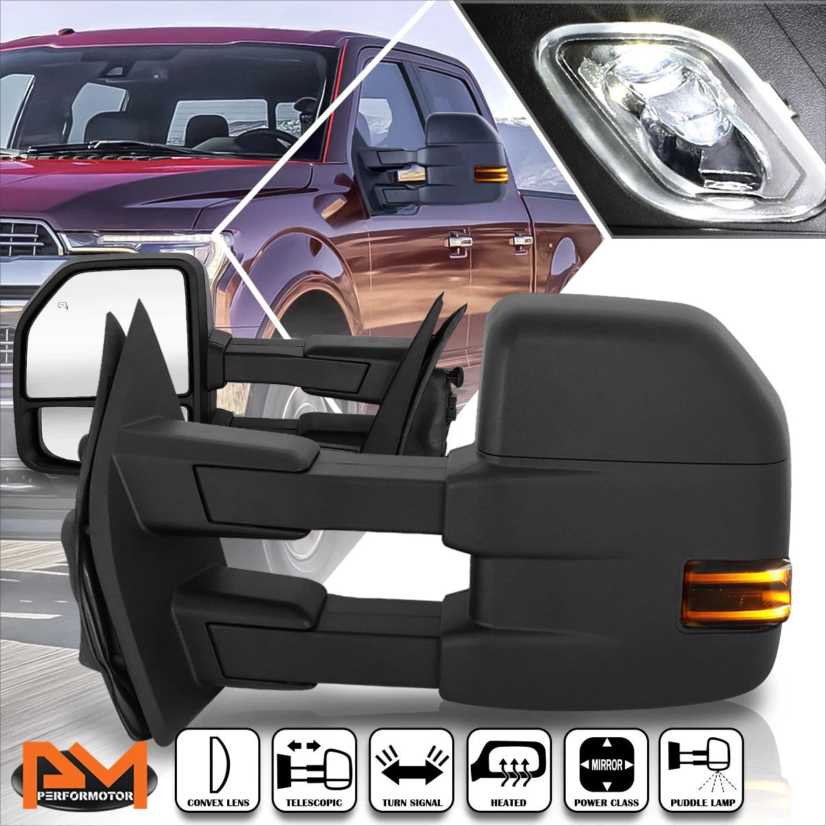 Set of 2 Power Heated Black Side Towing Mirrors for Ford F150 (2015–2018) w/LED Smoked Lens