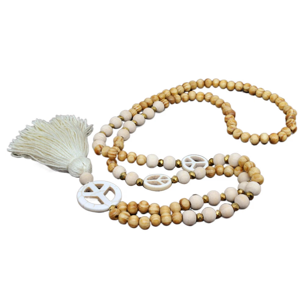 2X Bohemian Long Necklace Tassel Peace Sign Wood Beaded Fringe Pendant