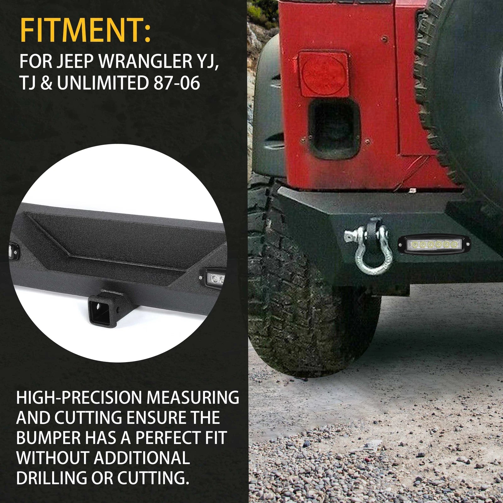 Rear Bumper with LED Light & D-Rings for Jeep Wrangler YJ TJ (1987–2006)